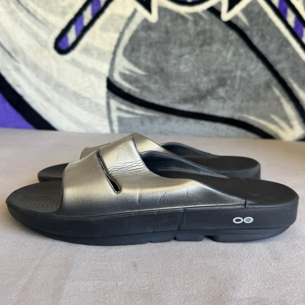 Size W11/M9 - Oofos OOahh Luxe Men's Slide Sandals Metallic Recovery Shoes (4)